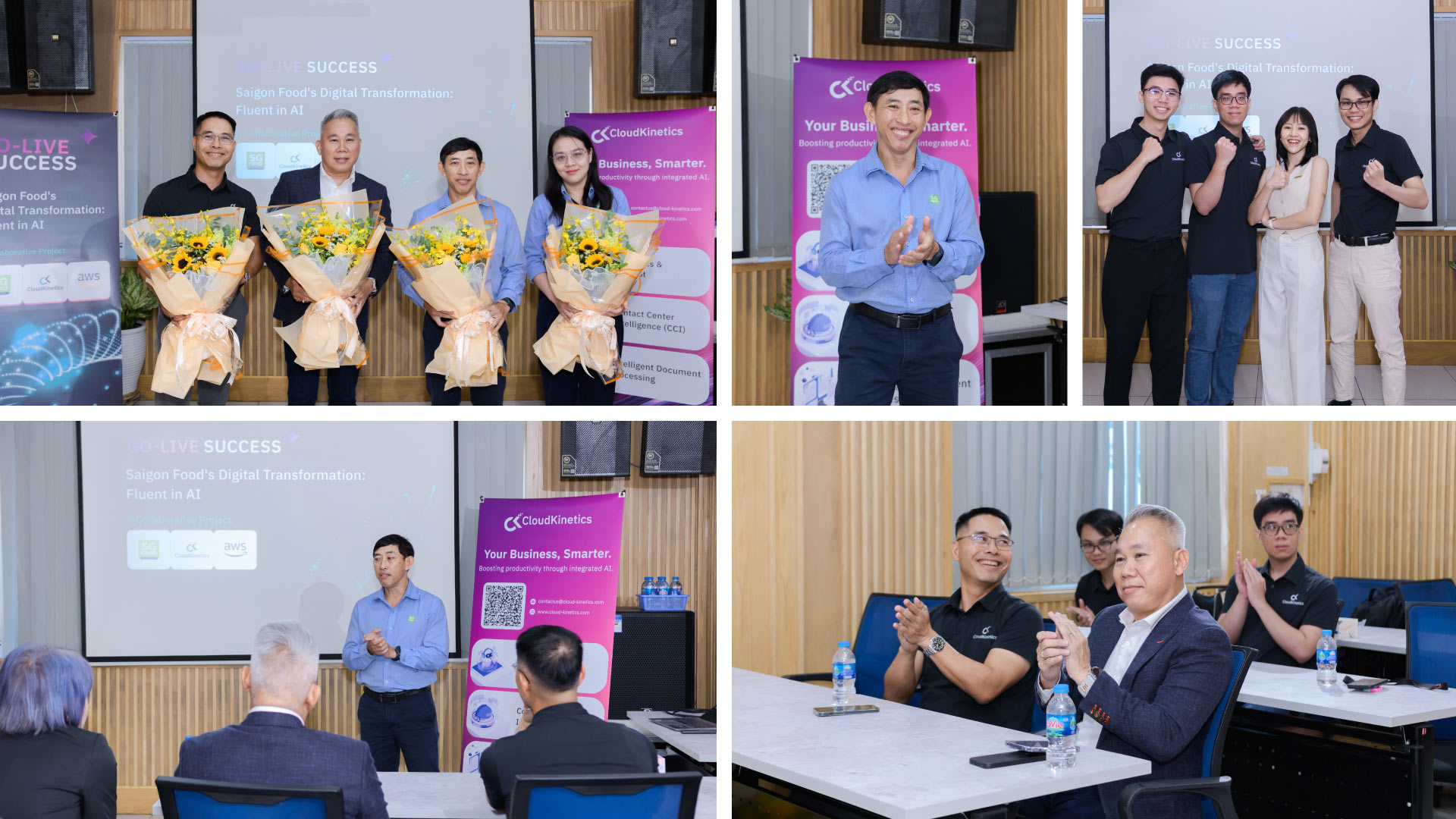 Event highlights showing SGF Vice General Director Le Quoc Hung, AWS Vietnam Country GM Eric Yeo, and Cloud Kinetics Managing Director Phuc Anh Do with their teams during the GenAI go-live celebration, bouquet presentation, speeches, and audience participation.