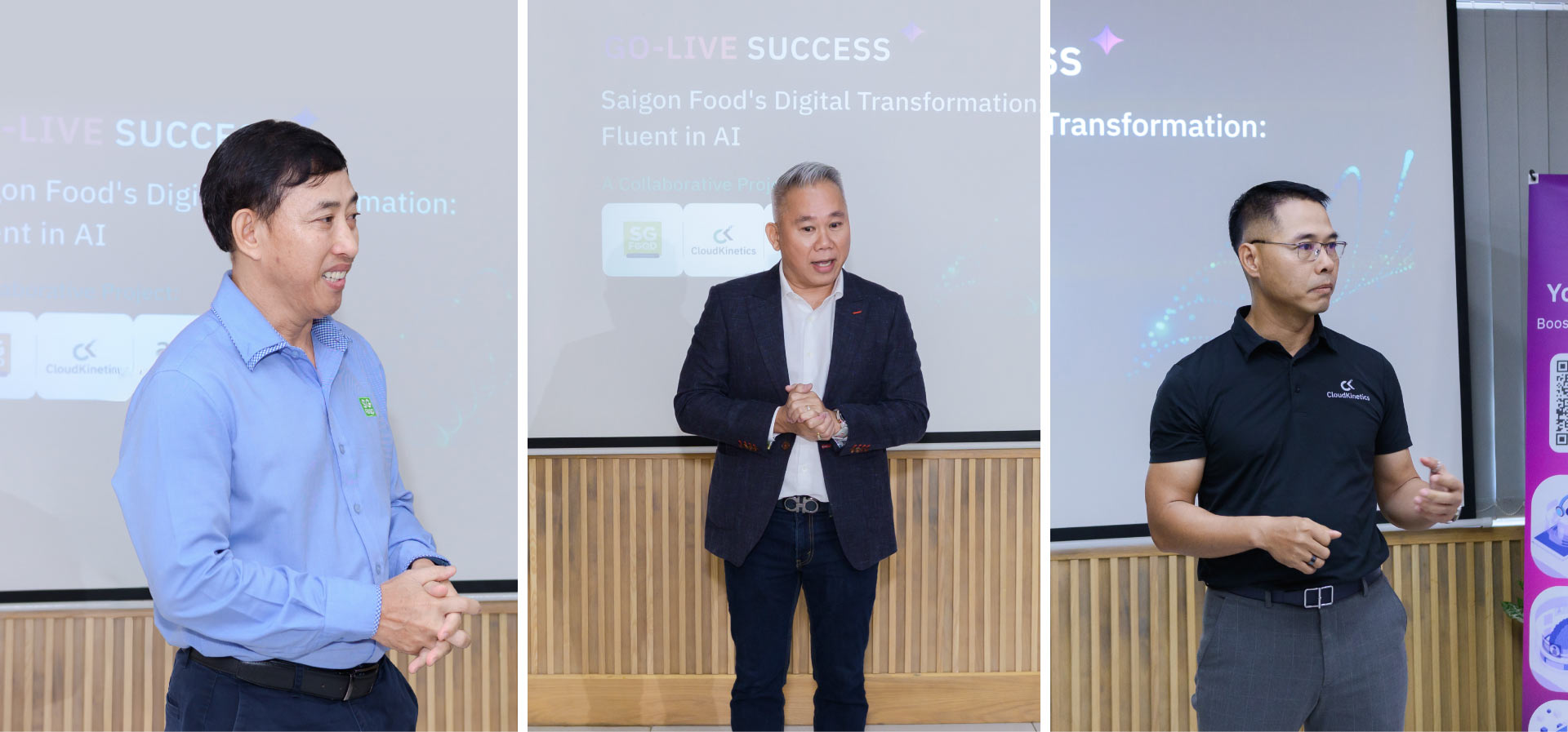 Le Quoc Hung from Saigon Food, Eric Yeo from AWS Vietnam, and Phuc Anh Do from Cloud Kinetics speaking during the GenAI digital transformation launch event at SGF.